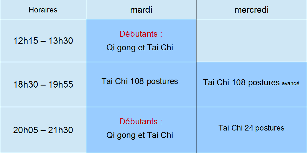 tableau des cours tai chi chuan lyon 8eme